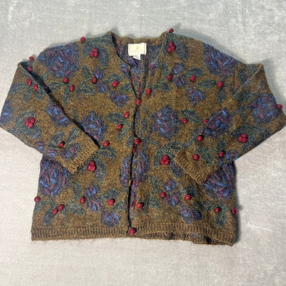 Express Sweaters - Vintage Express Tricot Womens Medium Mohair Blend Cardigan Floral Pom Pom Chunky